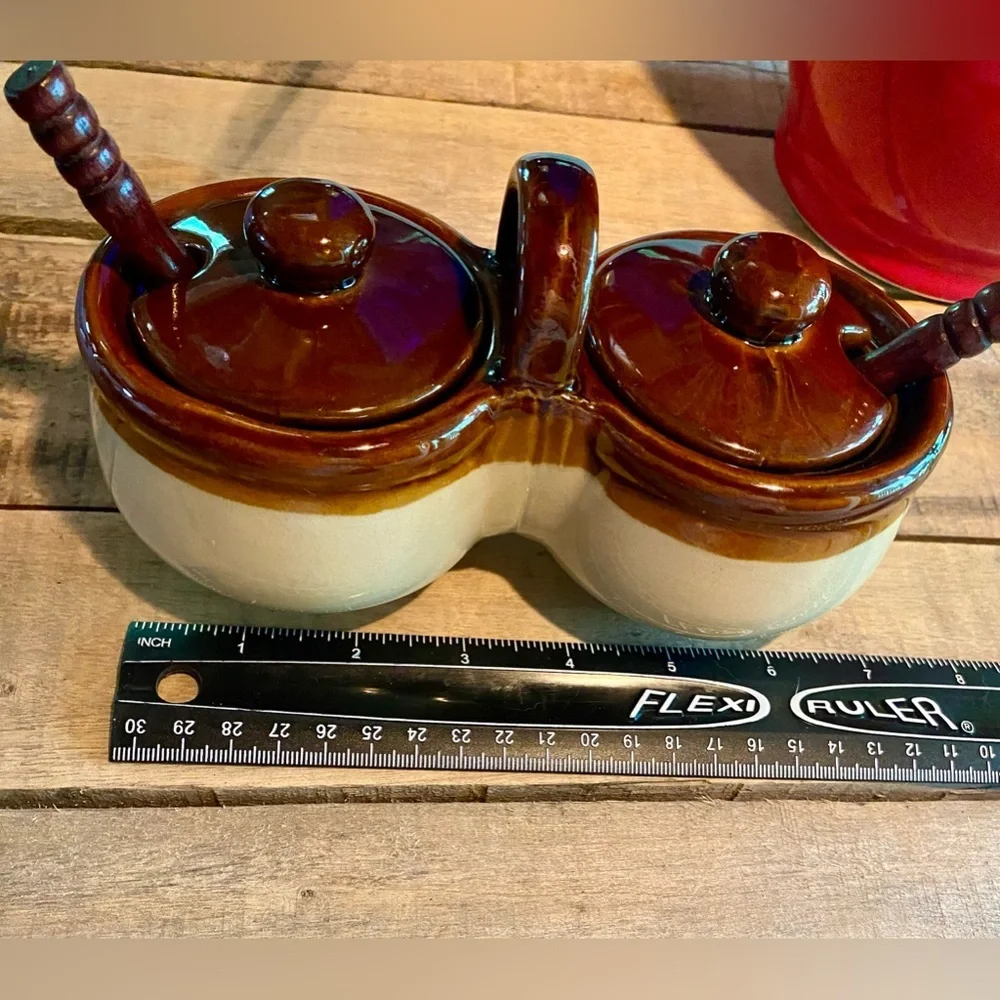 🔥Brown Drip Condiment Double Bowl with Lids & Spoons🔥